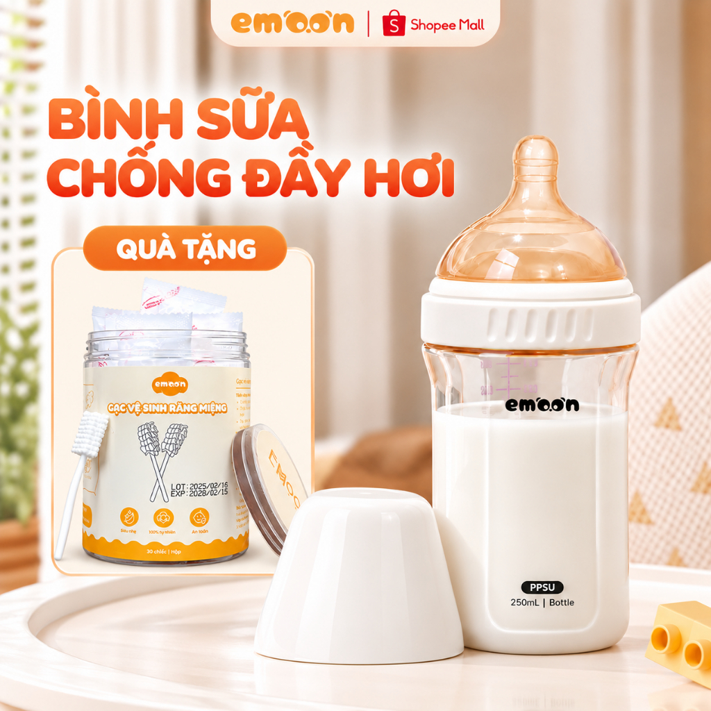 Bình sữa PPSU EMOON chống đầy hơi, núm ti silicone mềm, van thông khí đáy bình, cổ rộng dễ vệ sinh dung tích 150ml/250ml