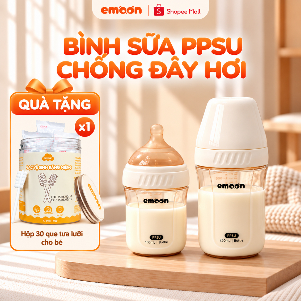 BÌNH SỮA PPSU EMOON cổ rộng 150ml/250ml, núm ti silicone mềm cho bé, van thông khí đáy hỗ trợ giảm đầy hơi