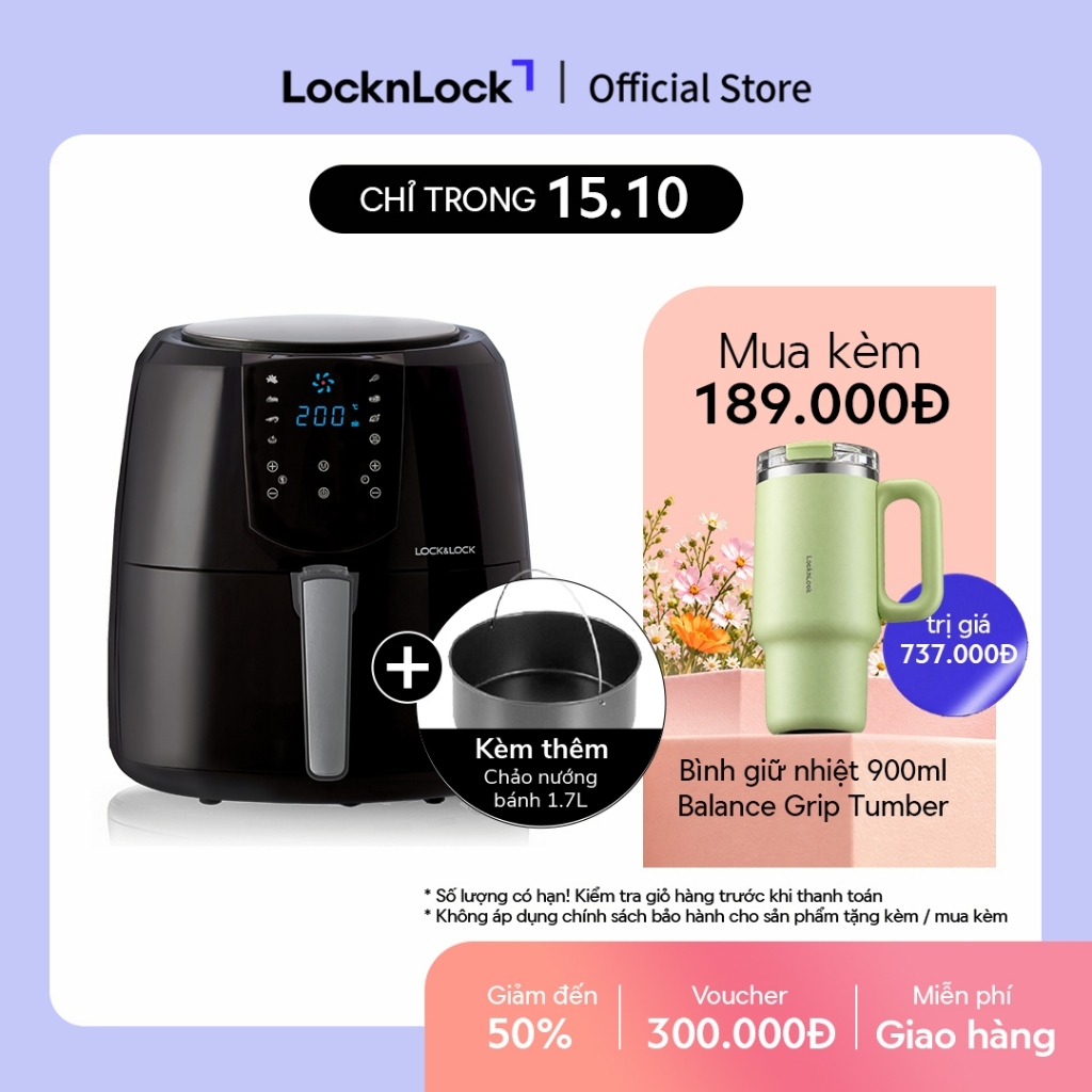 Nồi Chiên Không Dầu Lock&Lock Jumbo Plus Air Fryer 5.2L Màu-đen EJF357BLK 8 menu sẵn, giảm chất béo, giữ ấm