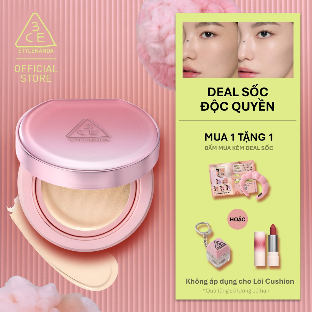 Phấn Nước 3CE Fitting Mesh Cover Cushion Hiệu Ứng Ngọc Trai, Mỏng Nhẹ Tệp Vào Da, Không Xuống Tone