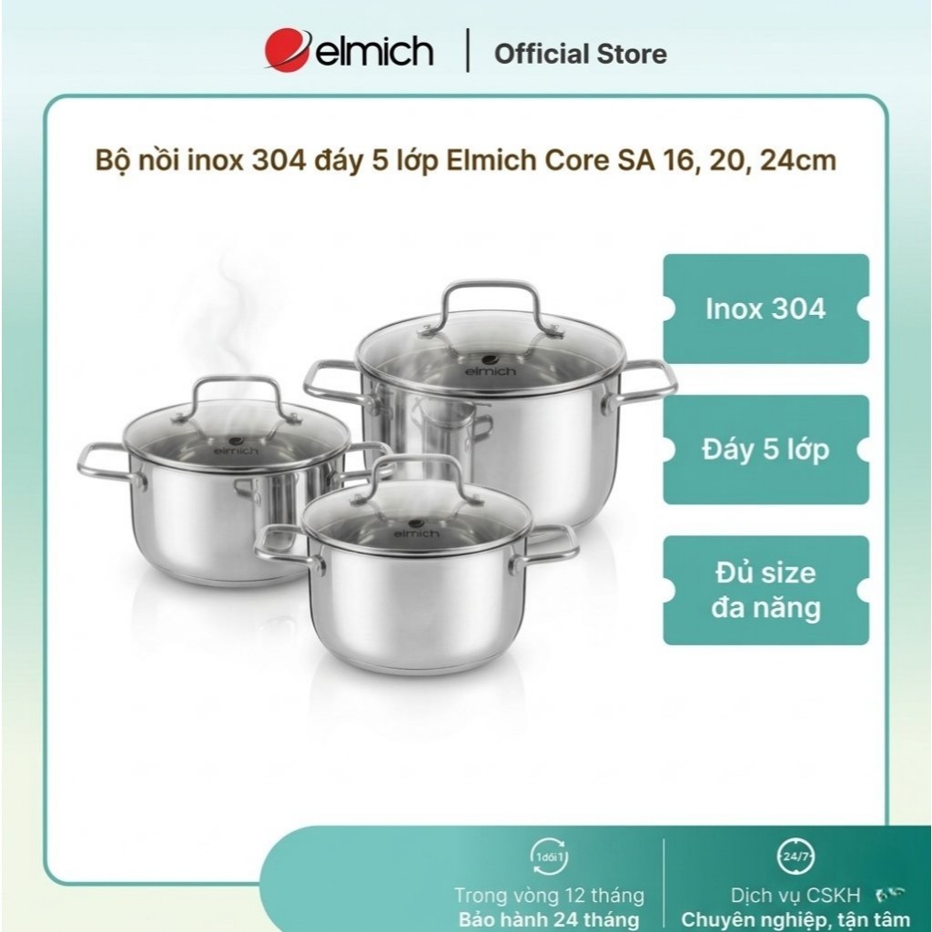 Bộ nồi inox 304 đáy 5 lớp Elmich Core SA  3114 Size 16, 20, 24cm