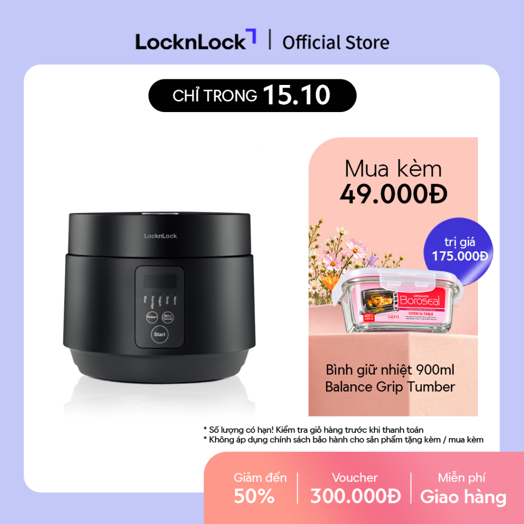 Nồi cơm điện Lock&Lock Compact Rice Cooker 1.2L màu đen EJR346BLK