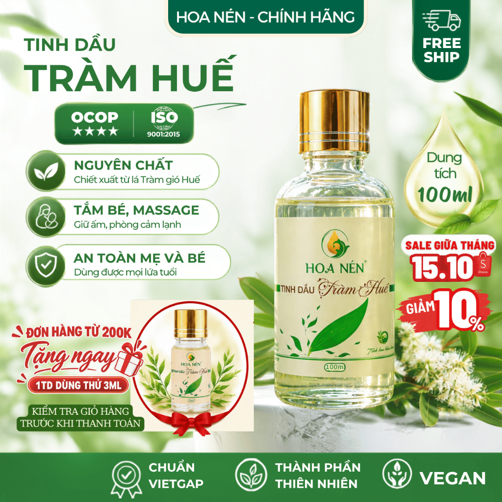 Tinh dầu Tràm Huế nguyên chất 100ml - Hoa Nén - OCOP 4 SAO – Giữ ấm ph.òng cảm lạnh an toàn cho bé