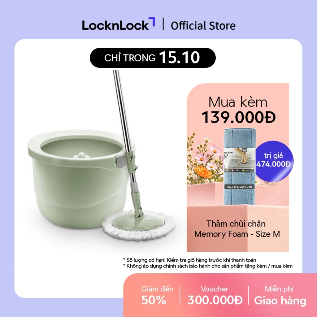 Bộ cây lau nhà xoay Lock&Lock Mini spin mop màu xanh mint ETM498MITS2 thiết kế gọn nhẹ, kèm bông lau thay thế