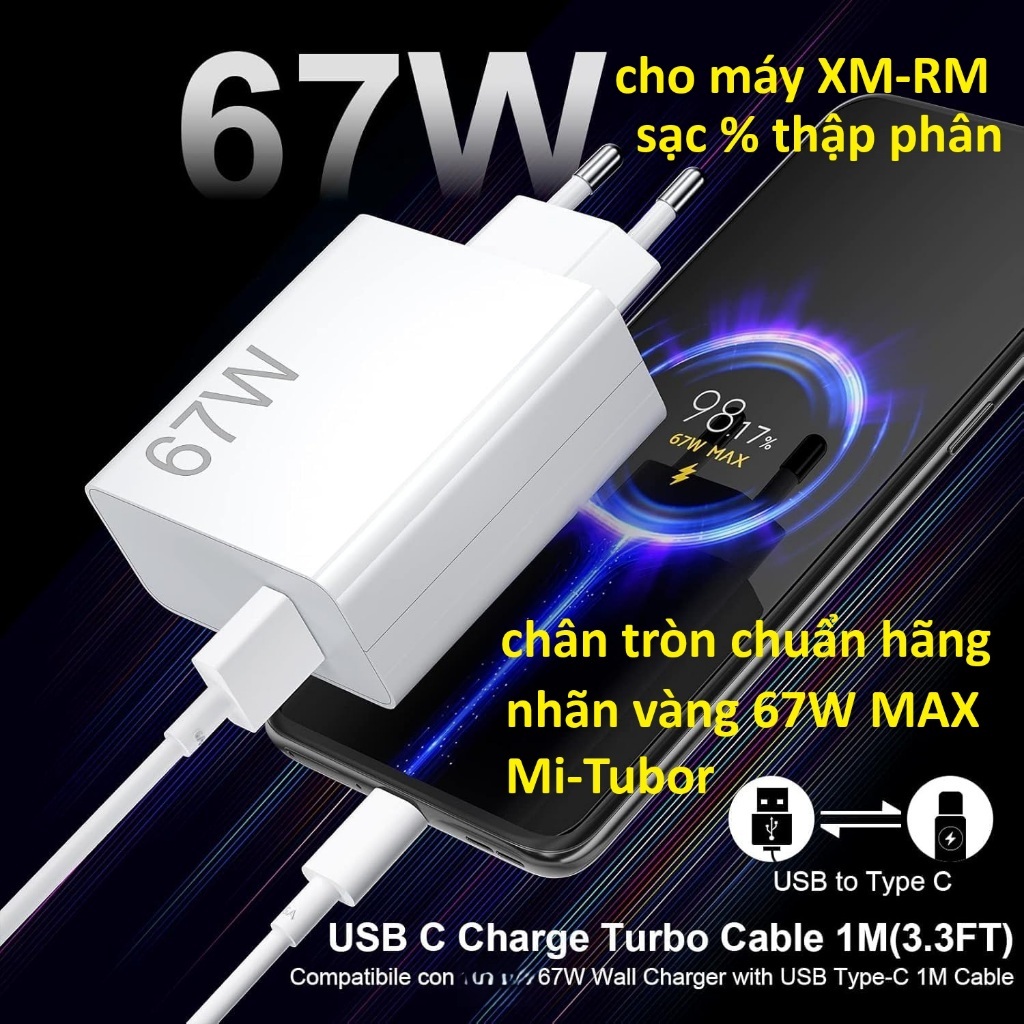 Bộ sạc nhanh 67W cho Xiaomi-Redmi nhãn vàng % thập phân MAX Mi-Tubor, chân tròn chuẩn hãng