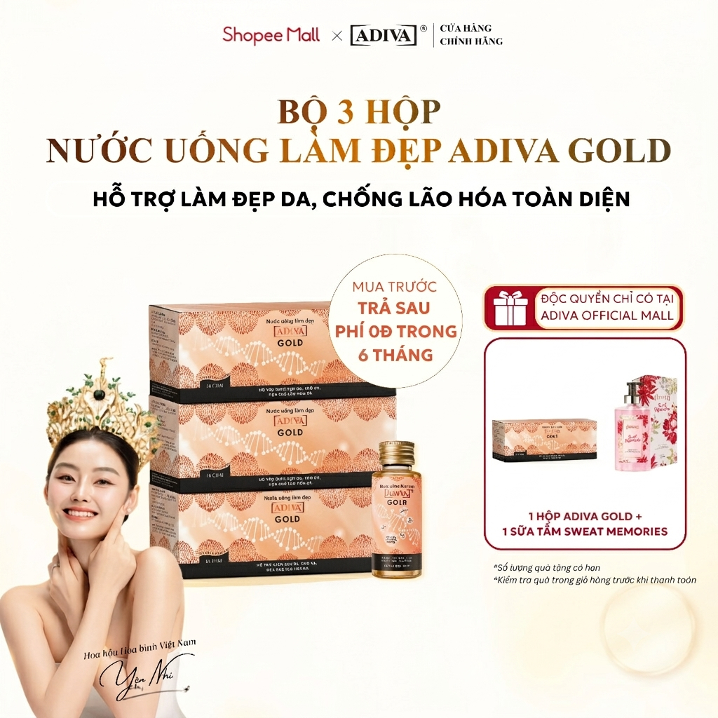Bộ 3 Hộp Nước Uống Làm Đẹp Toàn Diện ADIVA Collagen Gold Giúp Da Căng Mịn, Giảm Căng Thẳng, Cải Thiện Giấc Ngủ