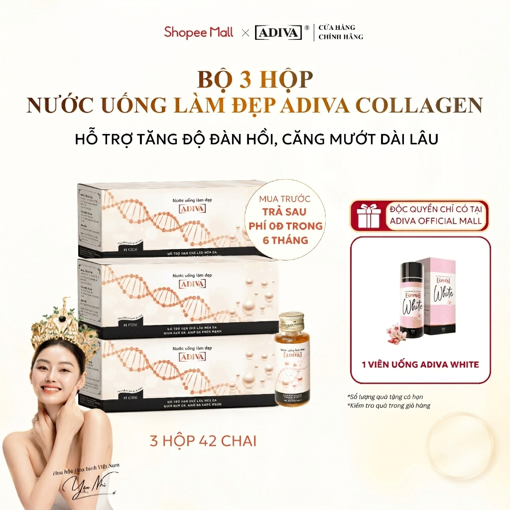 Bộ 3 Hộp Nước Uống Làm Đẹp ADIVA Collagen Giúp Da Căng Mịn, Chống Lão Hóa, Tóc Chắc Khỏe - Công Thức 11 Phức Hợp