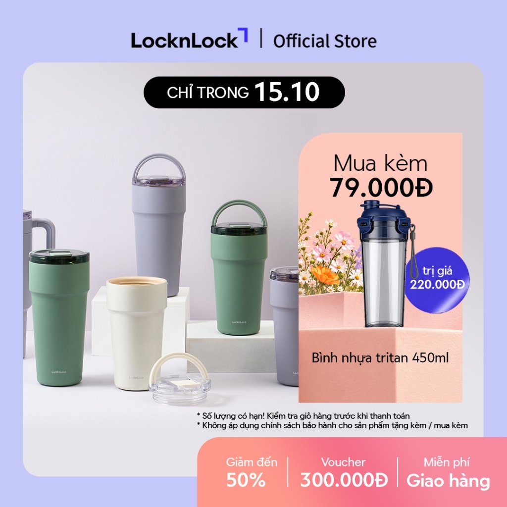Bình giữ nhiệt LocknLock Metro cafe top handle phủ sứ LHC4416 710ml / LHC4419 900ml có quai xách và ống hút đi kèm