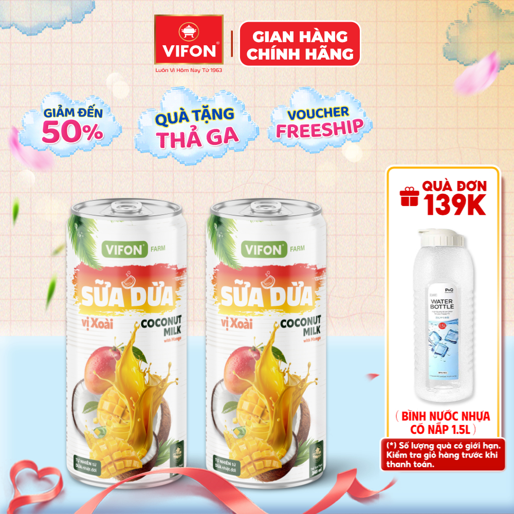 [Chọn Vị] Combo 2 Lon Sữa Dừa VIFON FARM 245ml  - Vị Nguyên Bản, Chocolate, Xoài
