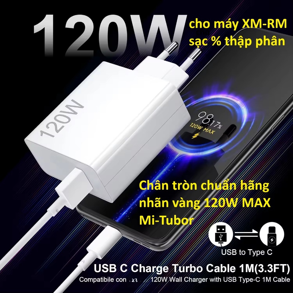 Bộ sạc nhanh 120W cho Xiaomi-Redmi nhãn vàng MAX sạc % thập phân Mi-Tubor, chân tròn chuẩn hãng