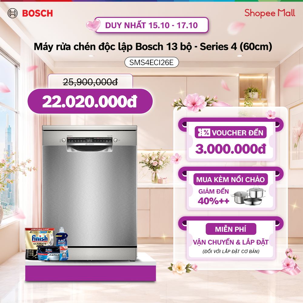 15.10 - 17.10 | Voucher Shopee lên đến 3tr | Máy rửa chén độc lập Bosch 13 bộ SMS4ECI26E - Series 4 (60cm)