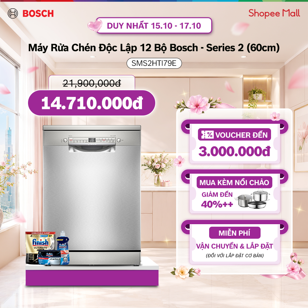 15.10 - 17.10 | Voucher Shopee lên đến 3tr | Máy Rửa Chén Độc Lập 12 Bộ Bosch SMS2HTI79E - Series 2 (60cm)