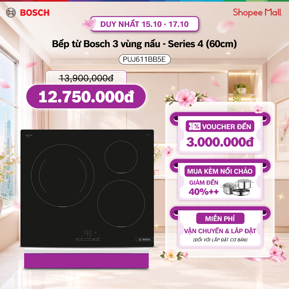 15.10 - 17.10 | Voucher Shopee lên đến 3tr | Bếp từ Bosch 3 vùng nấu PUJ611BB5E -Series 4 (60cm) - Hàng chính hãng