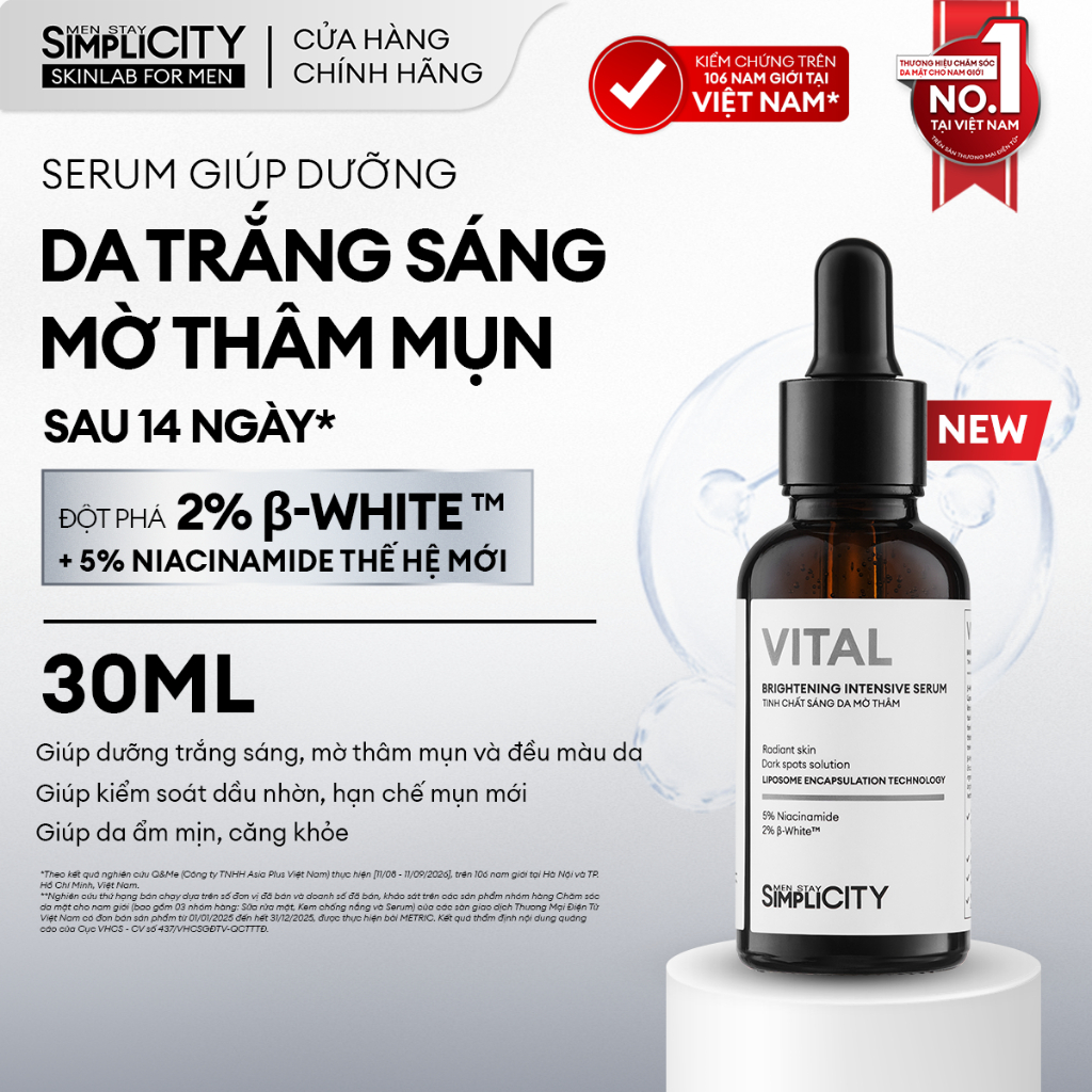 Tinh chất dưỡng trắng sáng mờ thâm Men Stay Simplicity Vital Brightening Intensive Serum 2% Β-white, 5% Niacinamide 30ml