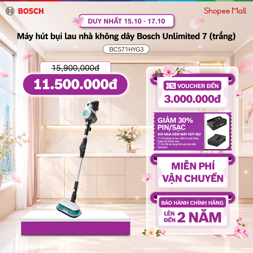 15.10 - 17.10 |PIN/SẠC GIẢM 30% KHI MUA KÈM| Máy hút bụi lau nhà không dây 2 in 1 Bosch BCS71HYG3 ProHygienic (trắng)