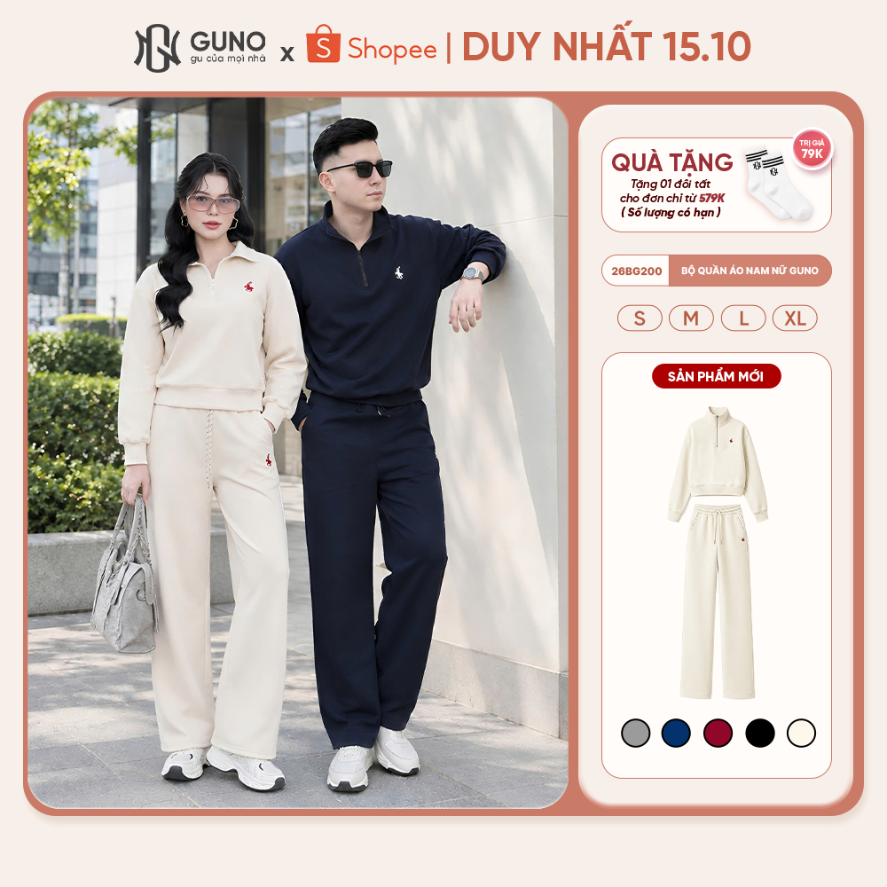 Bộ Quần Áo Nỉ Nam Nữ GUNO Cao Cấp Kéo Khóa Cổ Thêu Ngựa Kèm Quần Suông Hack Dáng 26BG200/BB230