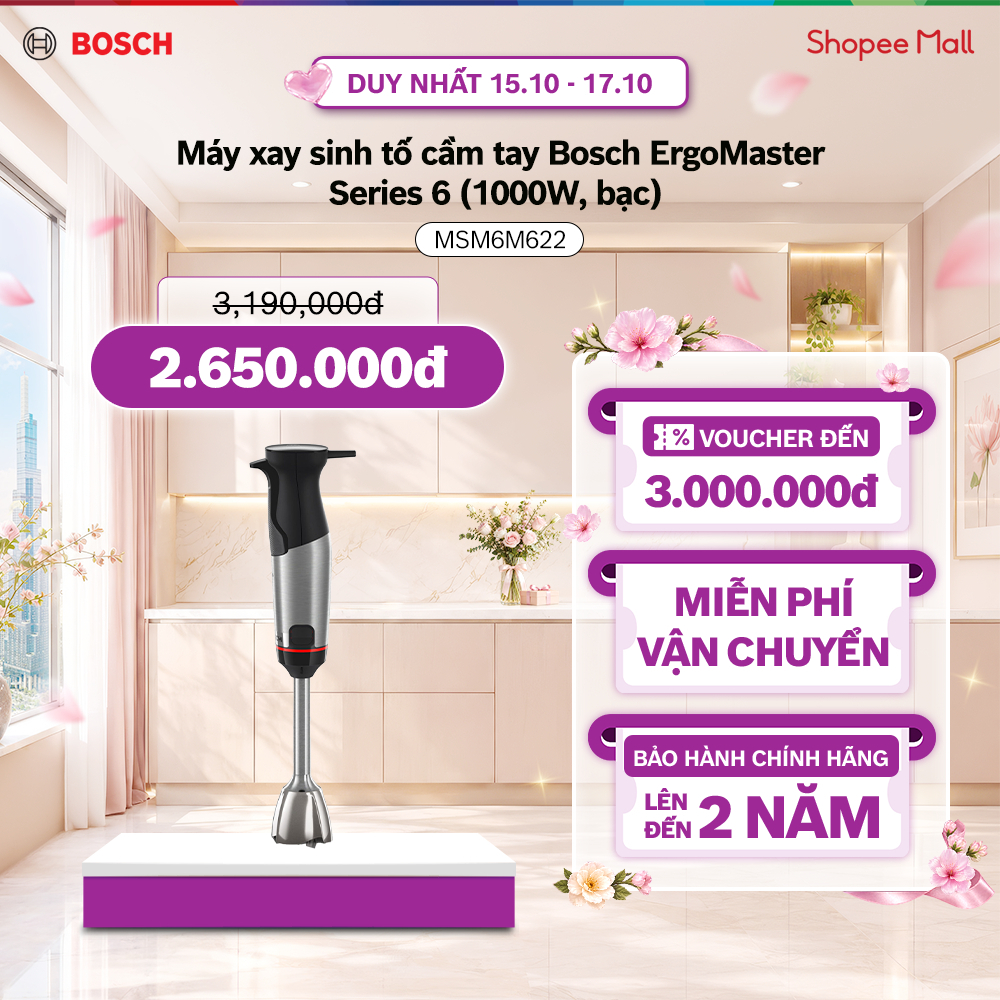 15.10 - 17.10 | Voucher Shopee lên đến 3tr | Máy xay sinh tố cầm tay Bosch MSM6M622 Series 6 ErgoMaster 1000W (bạc)