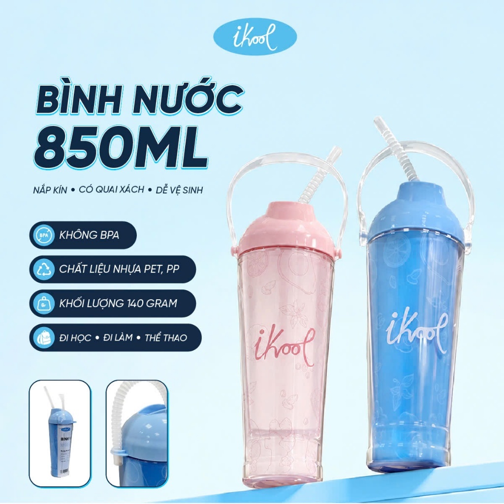 Bình nước thể thao iKool 850ml Tân Lập Thành, bình nước nhựa cao cấp có quai xách, ống hút tiện dụng