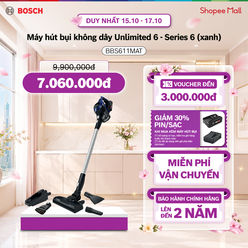 15.10 - 17.10 |PIN/SẠC GIẢM 30% KHI MUA KÈM| Máy hút bụi không dây Bosch Unlimited 6 BBS611MAT - Series 6 (màu xanh)