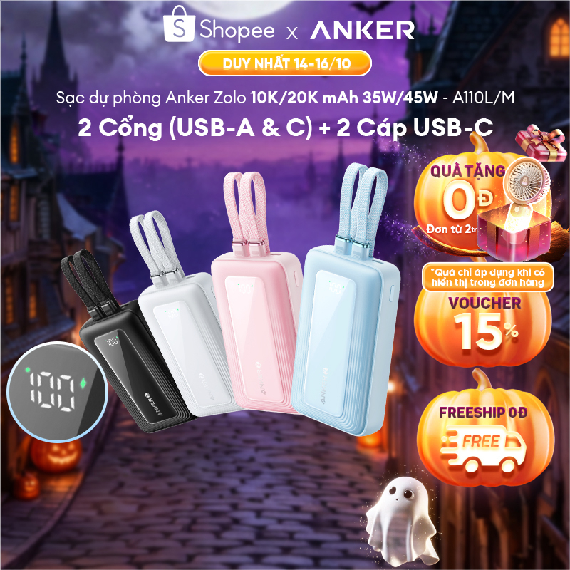 Sạc dự phòng ANKER Zolo 20kmAh 45W | 2 cổng 1C1A | Tích hợp 2cáp USB-C cho iP15/16/17/Samsung | Sạc nhanh - A110M/L