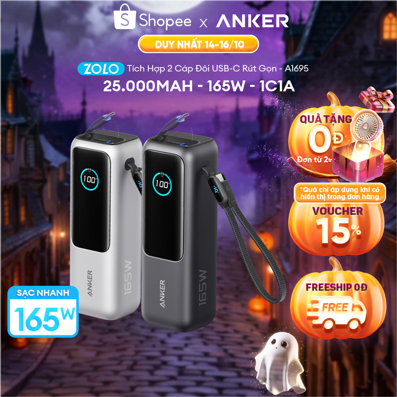[Voucher700K] Sạc dự phòng ANKER Zolo 25kmAh | Công suất 165W | Tích hợp 2 cáp USB-C rút gọn | Có màn hình - A1695