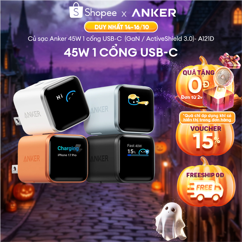 Củ Sạc Nhanh Anker Nano 45W | Màn Hình LED | Chân gập 180° | Sạc iPhone 15/16/17, Samsung, iPad - A121D