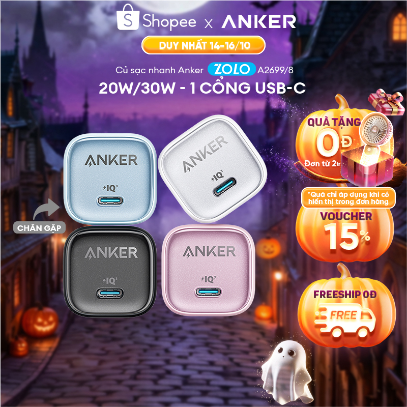 Củ sạc nhanh Anker Zolo GaN 20W/30W | 1 cổng USB-C | Sạc nhanh Power IQ 3.0 | Chân gập gấp gọn tiện lợi - A2699/8