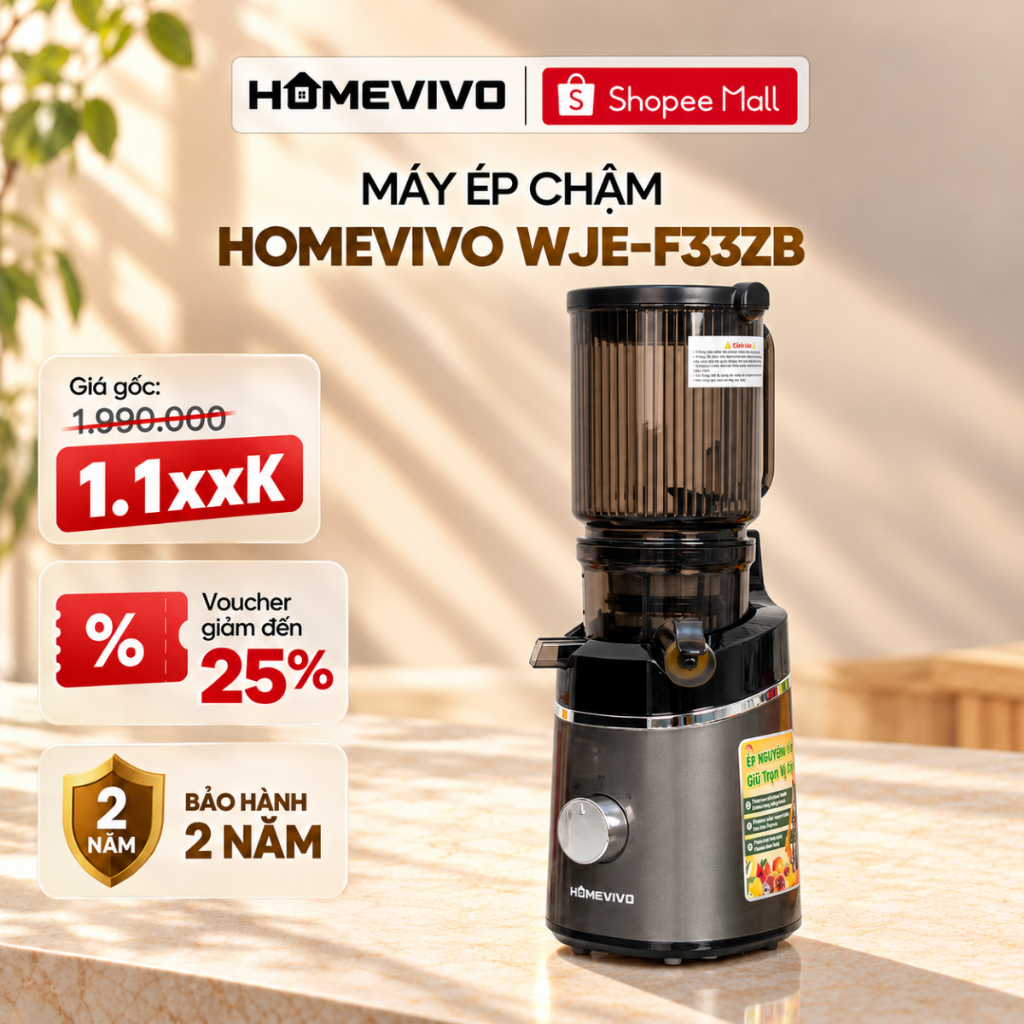 Máy ép chậm HOMEVIVO WJE-F33ZB, ép rau củ quả nguyên trái kiệt bã 250W, khoang tiếp nguyên liệu 12,5cm, BH 2 năm
