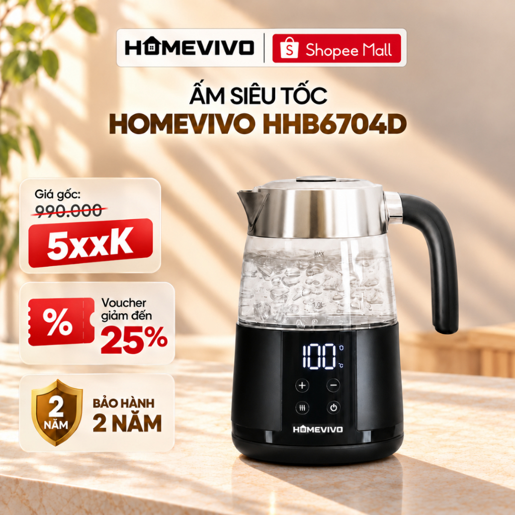 Ấm siêu tốc HOMEVIVO HHB6704D 1,7L - Màn hình Led cảm ứng tùy chỉnh nhiệt độ - Công suất 2200W - Thủy tinh Borosilicate
