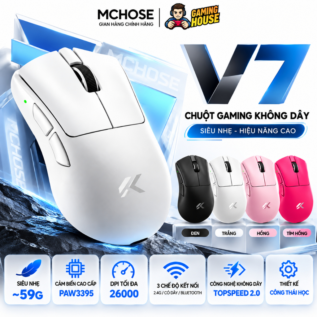 Chuột Gaming không dây 3 Mode Mchose V7 | Chip PAW3395 | DPI 26000 | Pin 500mah | 59G | Topspeed 2.0