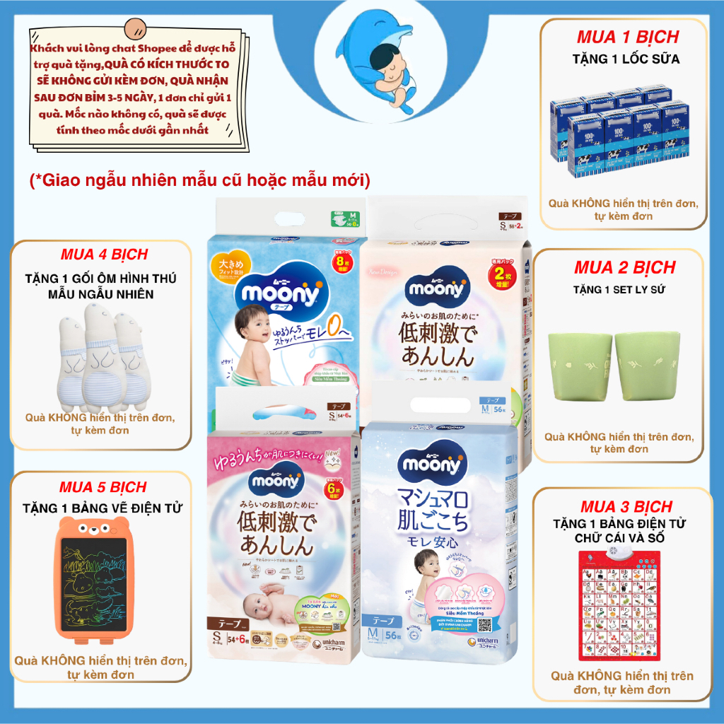 Tã/Bỉm Moony dịu nhẹ quần, dán đủ sizeNB60/S54/M46/L38/L36/XL32 cho bé 0-22kg MECAHEO