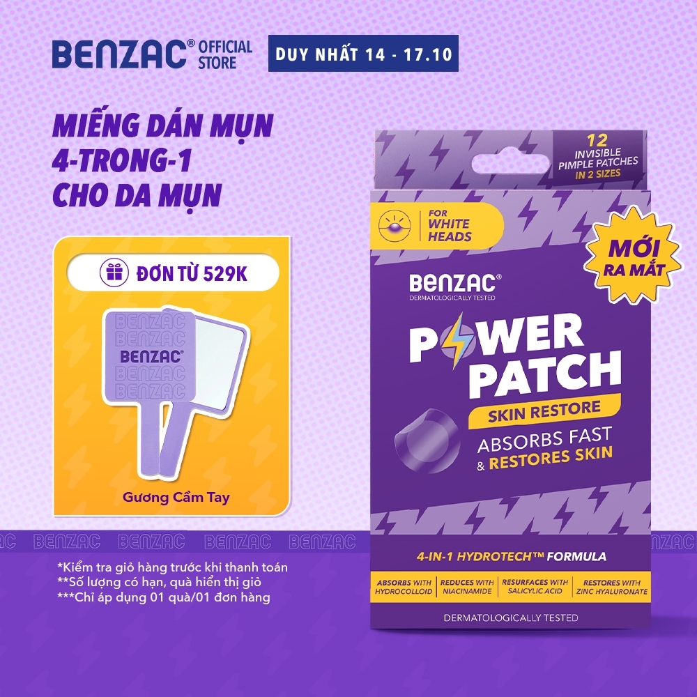 Miếng dán mụn Benzac Power Patch Skin Restore x 12 Miếng giúp giảm mụn, phục hồi, dành cho mụn mủ, mụn có nhân