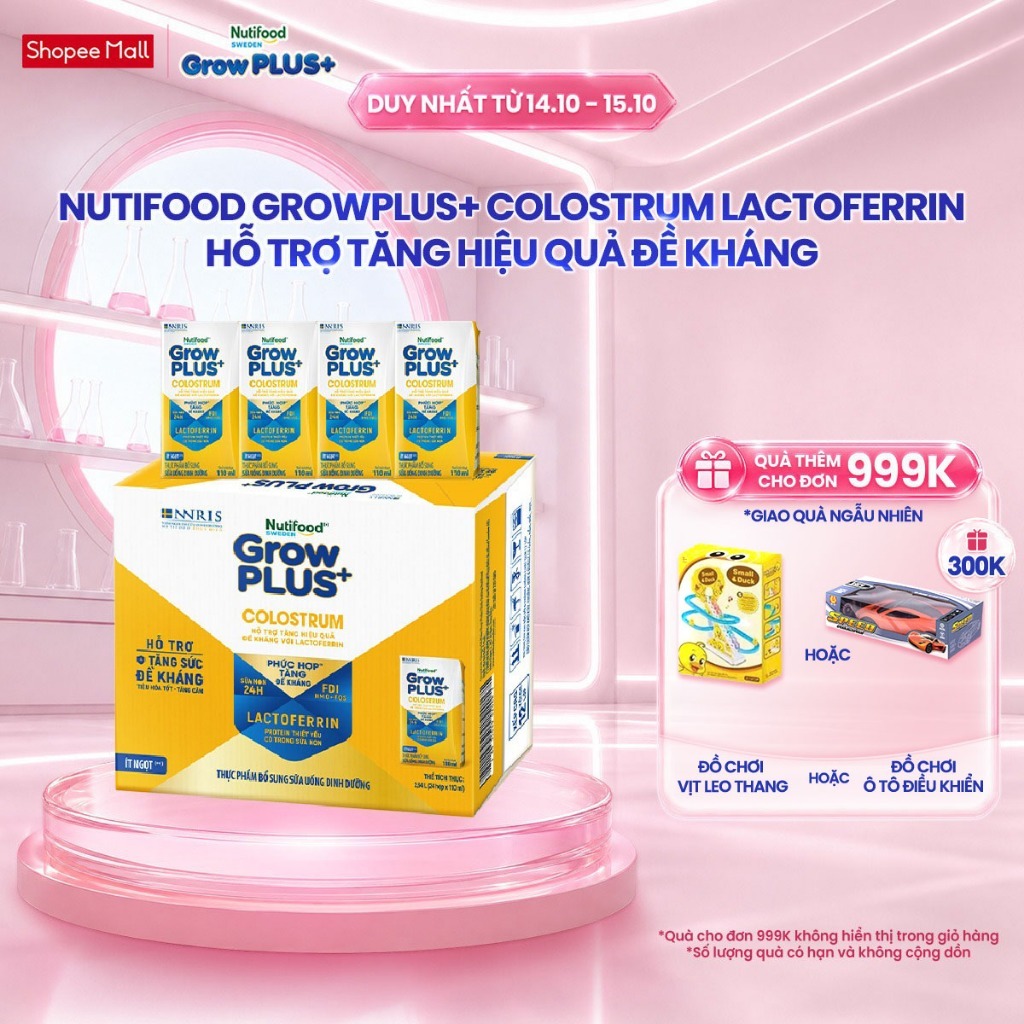 Thùng 24 hộp Sữa bột pha sẵn Nutifood Sweden GrowPLUS+ Colostrum Lactoferrin 110ml