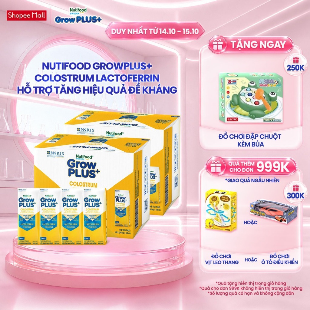 Combo 2 Thùng 24 hộp Sữa bột pha sẵn Nutifood Sweden GrowPLUS+ Colostrum Lactoferrin 180ml