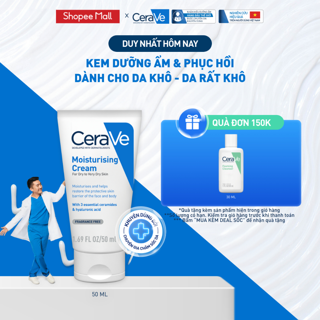 Kem dưỡng ẩm phục hồi chuyên sâu và giữ da ẩm mịn suốt 48H CERAVE MOISTURISING CREAM 50ML