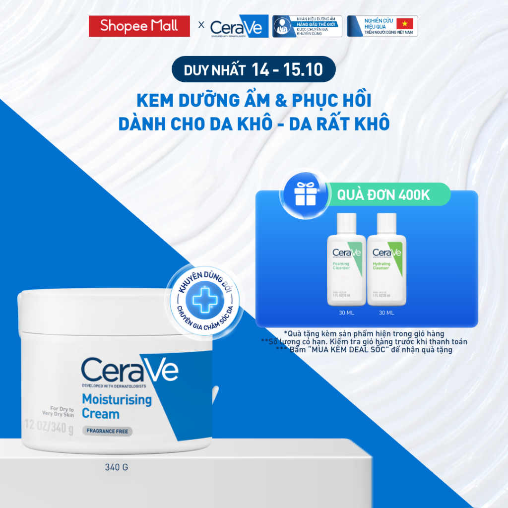 Kem dưỡng ẩm phục hồi sâu và ẩm mịn suốt 48H dành cho da khô, duy trì hàng rào bảo vệ da CERAVE MOISTURISING CREAM 340G