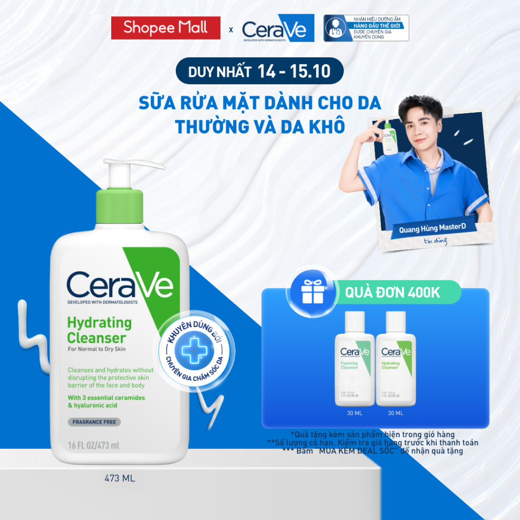 Sữa rửa mặt giúp làm sạch sâu dành cho da thường và da khô Cerave Hydrating Cleanser 473ML