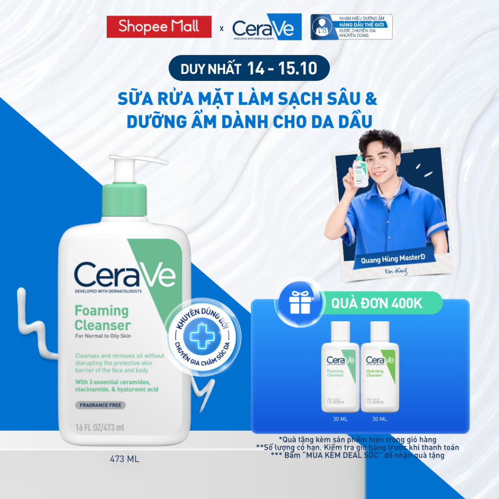 Sữa rửa mặt foaming giúp làm sạch sâu và dưỡng ẩm dịu nhẹ dành cho da dầu - CeraVe Foaming Facial Cleanser 473ML