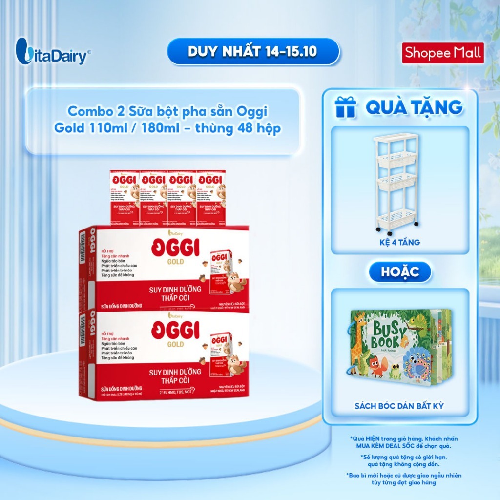 [COMBO 2 THÙNG 48 HỘP] Sữa uống dinh dưỡng Oggi Gold giúp bé suy dinh dưỡng, thấp còi - Hộp 110ml/180ml