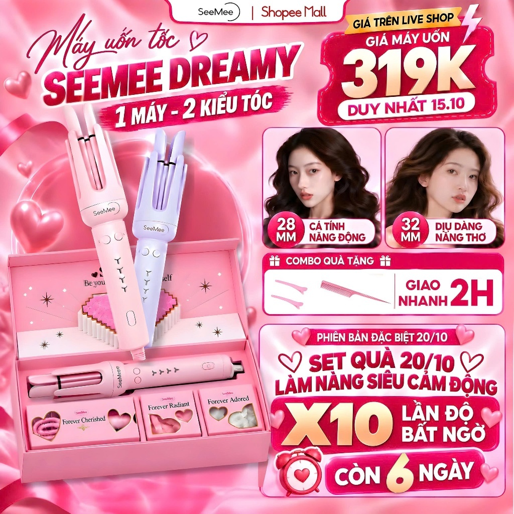 [GIÁ 343K TẠI LIVE SHOP] Máy Uốn Tóc Tự Động Seemee trục 28mm 32mm, Set Quà Tặng Cho Nữ 20/10 LOVEBOX bản 2025, LIS
