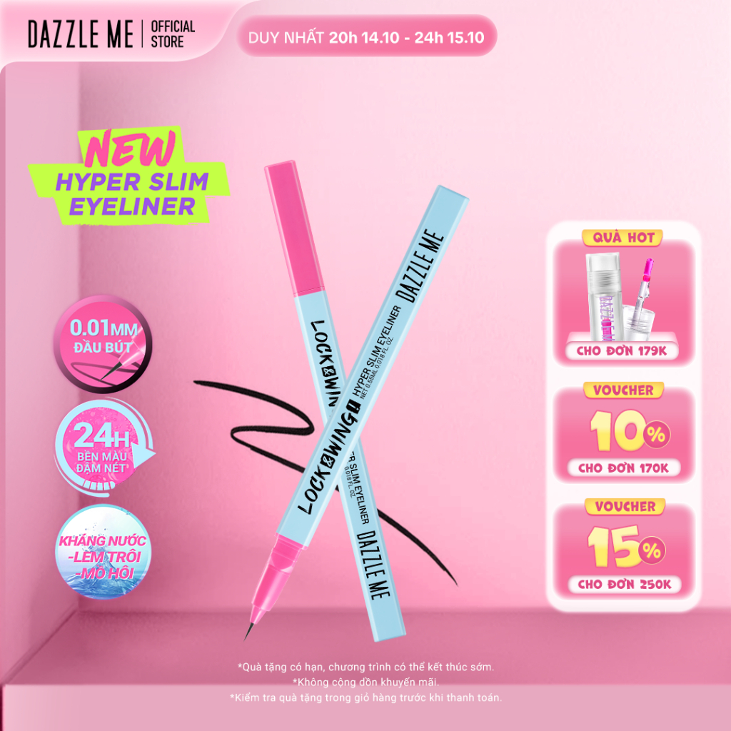 Bút kẻ mắt siêu mảnh DAZZLE ME Lock & Wing! Hyper Slim Eyeliner đầu cọ mềm chống nước 0.55ml