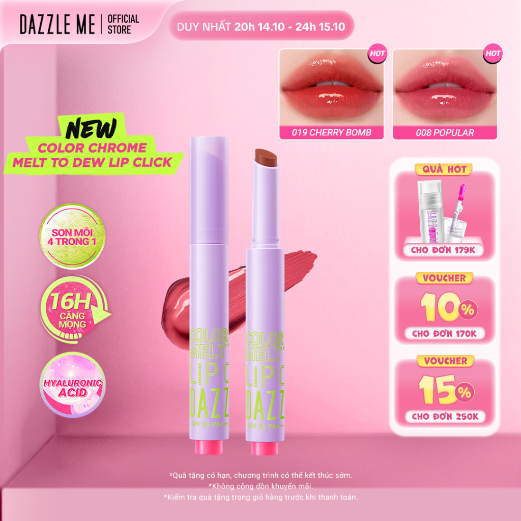 Son môi 4-in-1 DAZZLE ME Color Chrome Melt to Dew Lip Click dưỡng màu đẹp ẩm căng bóng đôi môi 2g