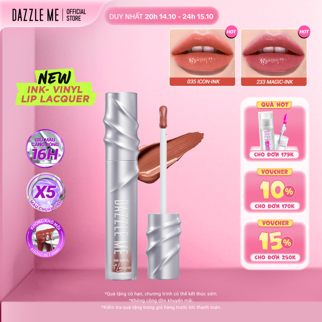 Son kem bóng Dazzle Me Ink-Vinyl Lip Lacquer lâu trôi mịn màng kháng nước màu đẹp 2.5ml