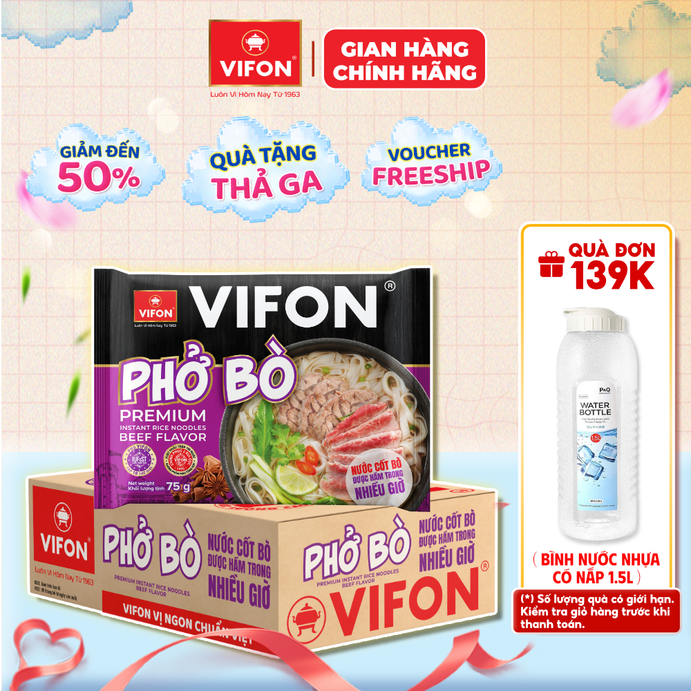 [VOUCHER HOT 10%] Thùng 24 Phở Bò VIFON Có Gói Nước Cốt Bò - Cung Cấp Dinh Dưỡng, 75g/Gói