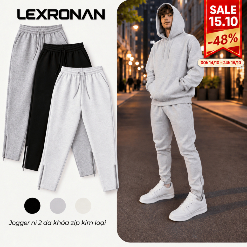 Quần Jogger Nam Khóa Zip LEXRONAN Nỉ 2 Da Quần Thể Thao Nam Co Giãn Form Bó Fit Basic #JGR01