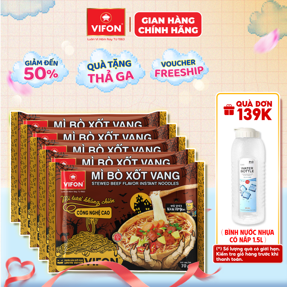 [Combo Halloween] Set 5 Gói Mì Tươi Bò Xốt Vang/Thịt Bằm/Tôm Chua Cay VIFON - Sợi Dai Ngon, 70g/Gói