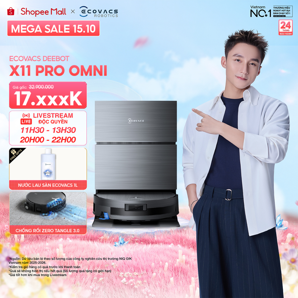 Ecovacs DEEBOT X11 Pro Omni Robot hút bụi lau nhà | Lực hút 19.500Pa | Pin 6400mAh | Thiết kế siêu mỏng 98mm | BH 2 năm