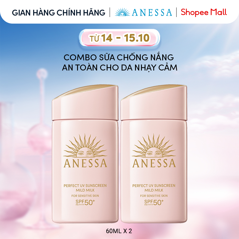 Combo Sữa chống nắng dưỡng da dịu nhẹ an toàn cho da nhạy cảm và trẻ em Anessa Mild Milk SPF50+ PA++++ 60mlx2