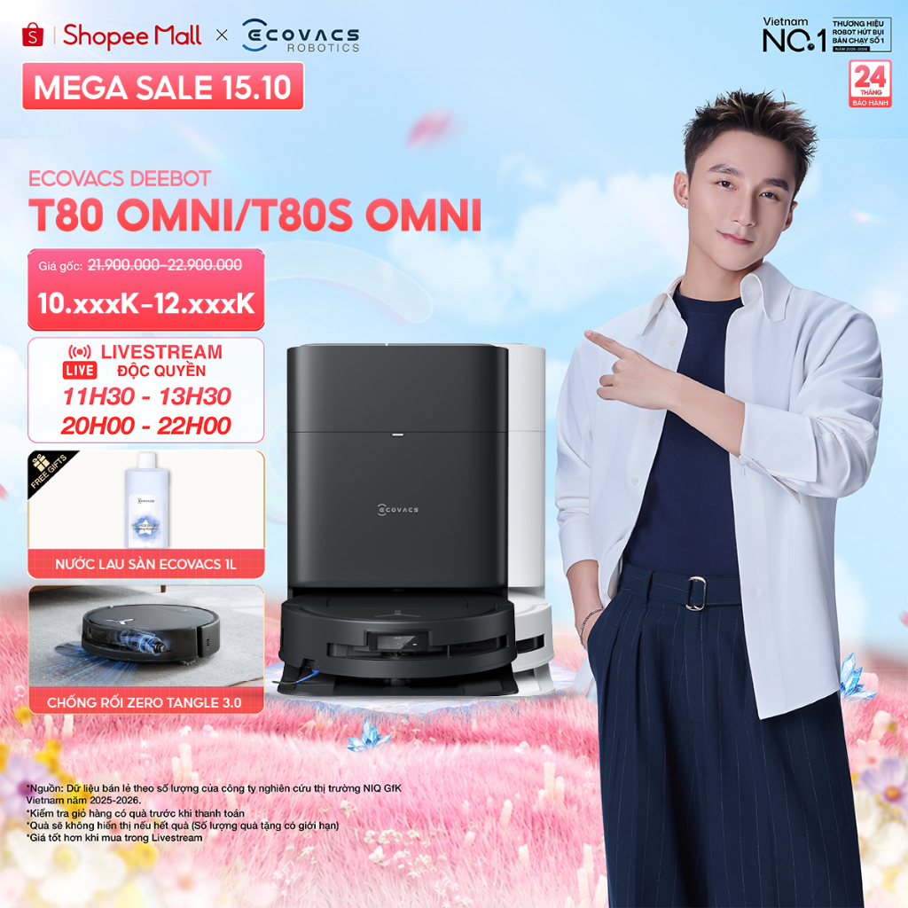 Ecovacs Deebot T80 Omni/ T80S Omni Robot hút bụi lau nhà | Giặt giẻ nước nóng | Sấy khô khí nóng | BH 24 tháng