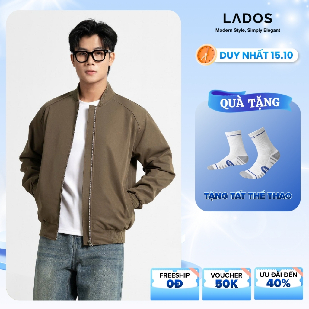 Áo khoác bomber đen kaki LADOS-2054 có túi trong, thấm hút, phong cách Hàn